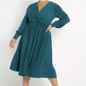 Eloquii Women's Teal Knot Front Pleated Skirt Midi Dress Stretch